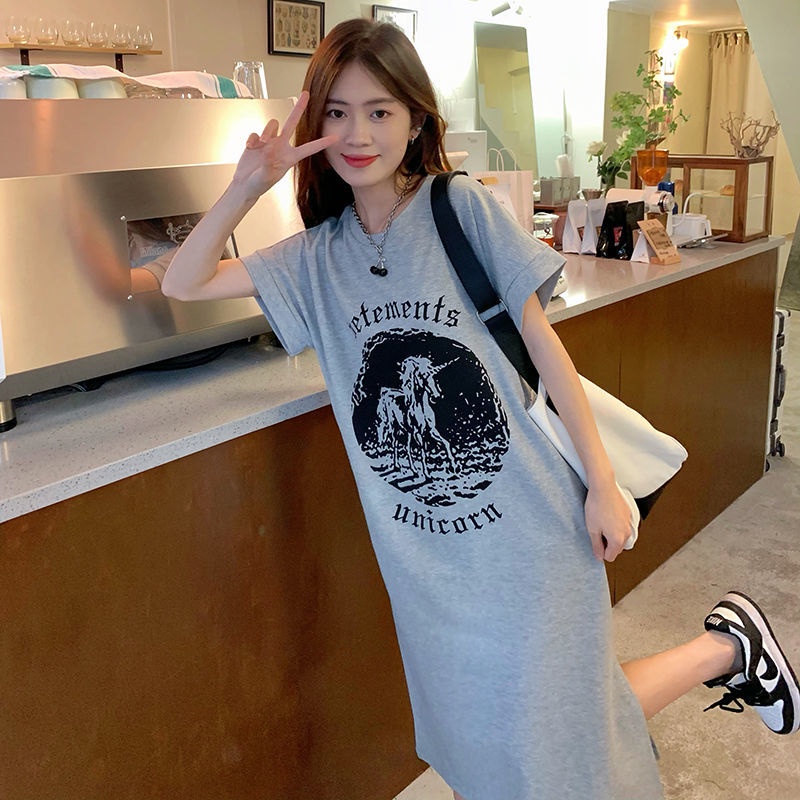 Đầm Thun Tay Ngắn Dáng Rộng Xẻ Tà In Họa Tiết Thời Trang Mùa Hè Kiểu Mới Cho Nữ