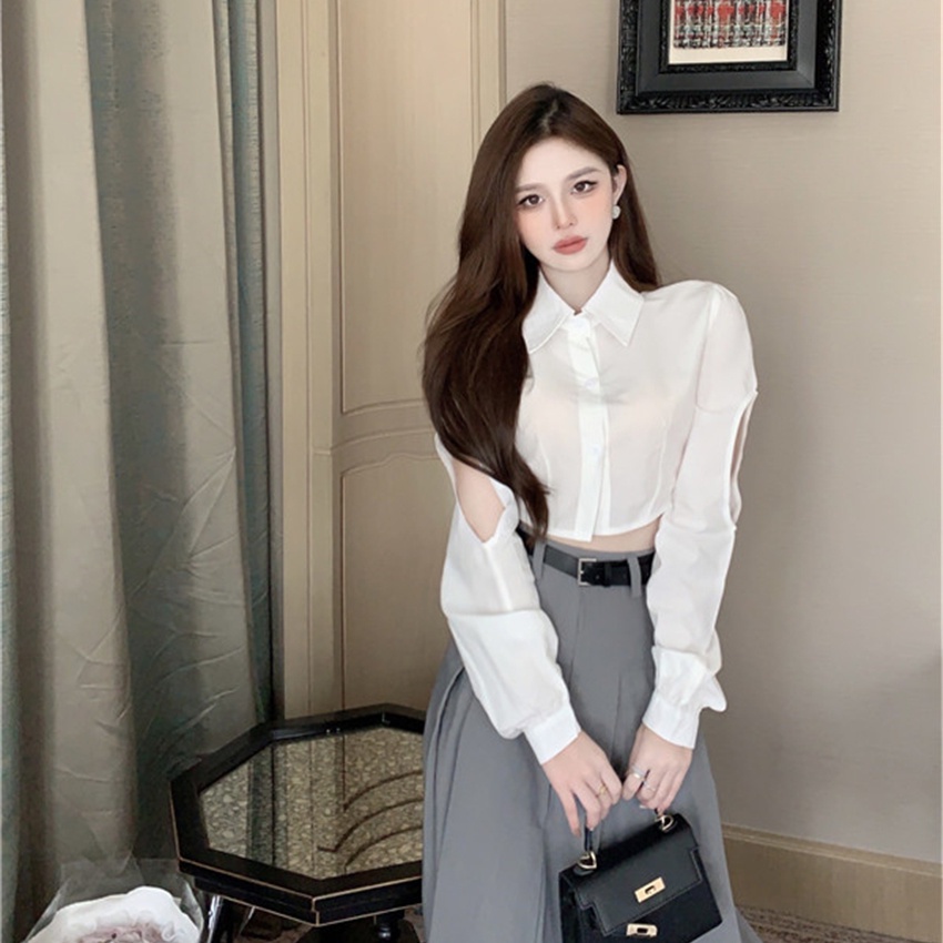 Áo Sơ Mi Ngắn Dáng Ôm Tay Dài Khoét Lỗ Thời Trang Cho Nữ