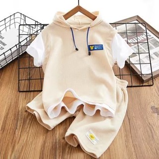 Set Đồ Mùa Hè 2 Món Gồm Áo Thun Tay Cộc Có Mũ Trùm Và Quần Ngắn Phong Cách Mới 2023 Cho Bé Trai