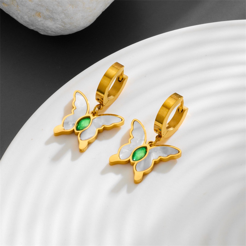Khuyên Tai Thời Trang Hàn Quốc Bằng Thép Không Gỉ Đính Đá zircon Xanh Lá Mori Cao Cấp Tinh Tế Hình Bướm Phong Cách niche Cho