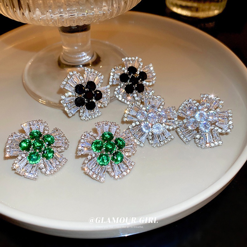 Bông Tai Mạ Bạc Hình Hoa Đính Đá Zircon Phong Cách Âu Mỹ Độc Đáo Thời Trang