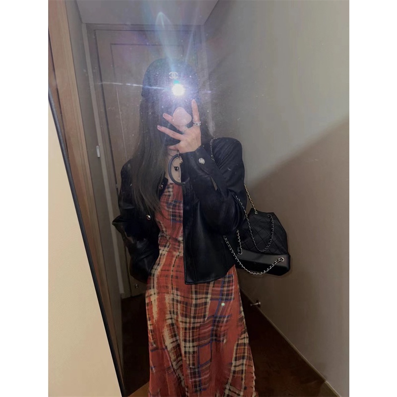 「MOTEL7」Jumpsuit Hai Dây Kẻ Sọc Caro Ba Chiều Dáng Dài Không Đối Xứng Viền Bất Đối Xứng Retro Mùa Xuân Hè