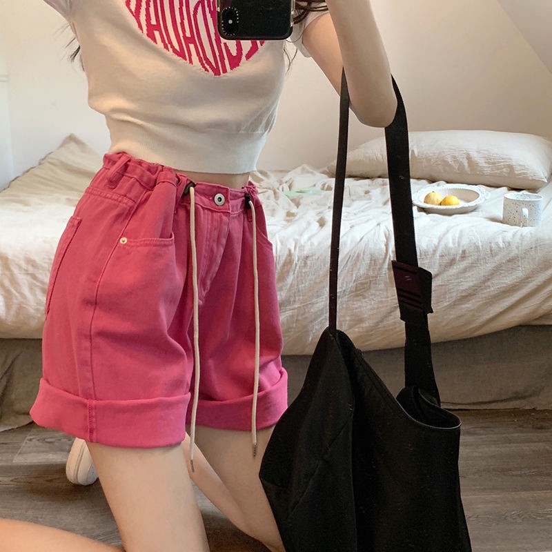 Jiashucheng Quần Short Jean Ống Rộng Lưng Cao Phối Dây Rút Phong Cách Mỹ Thời Trang Mùa Hè Mới Cho Nữ