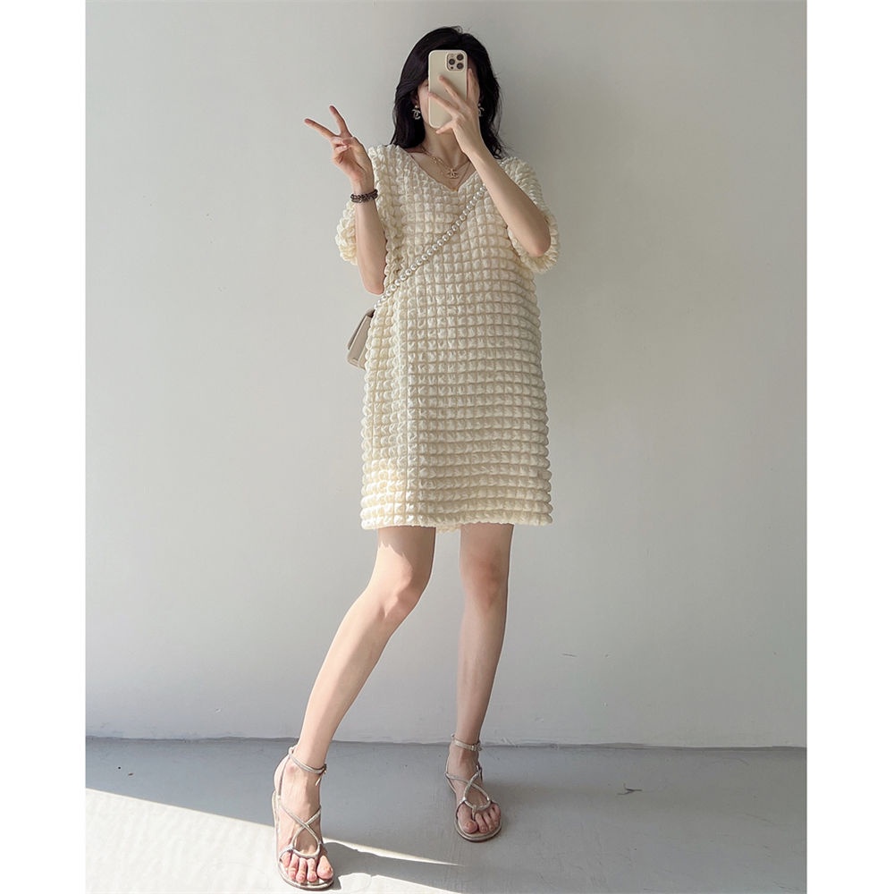 Đầm Tay Ngắn Phồng Cổ Chữ V Ôm Dáng Size Lớn Thời Trang Châu Âu Cho Nữ