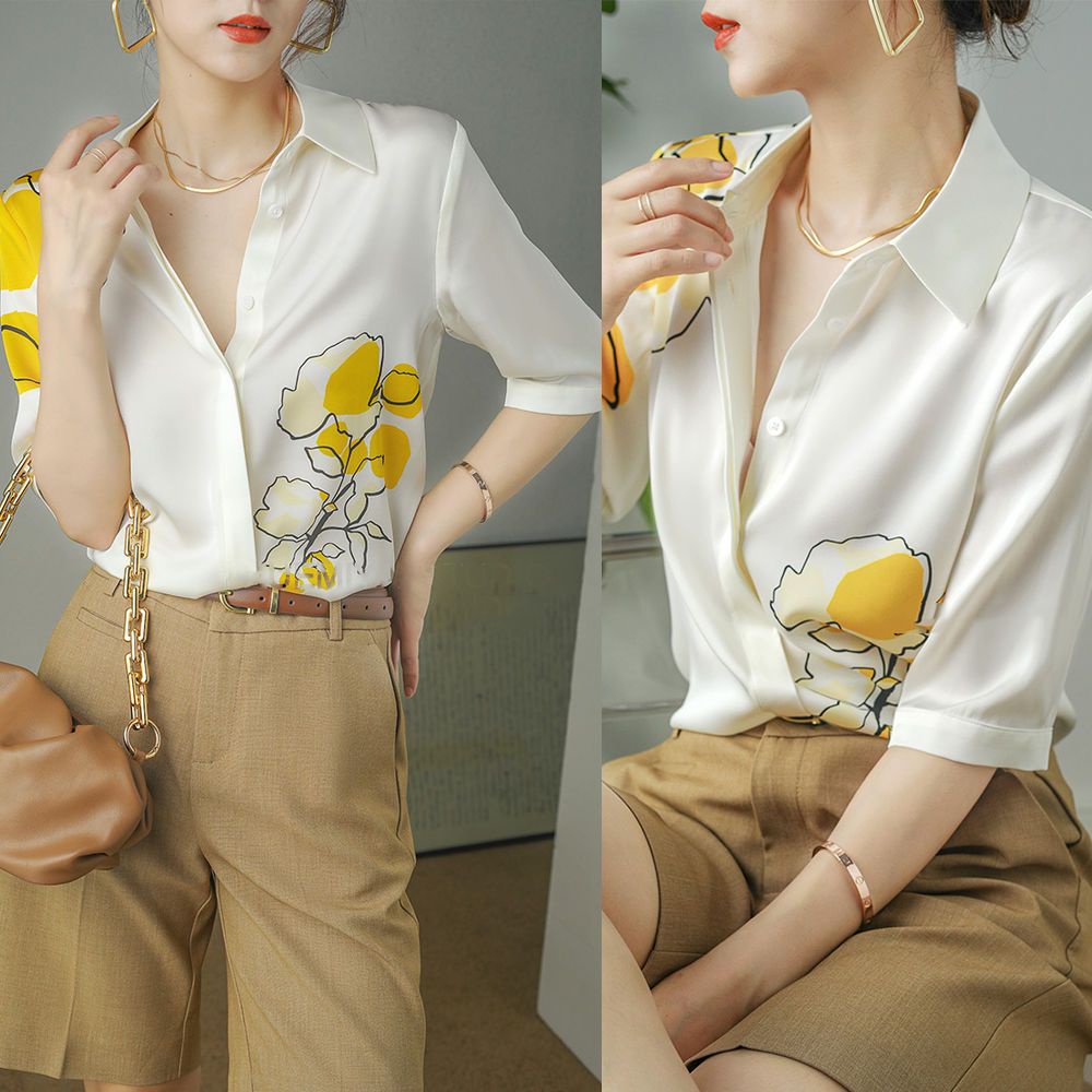 Áo Sơ Mi Chiffon Satin Ngắn Tay In Họa Tiết Tương Phản Thời Trang Mùa Hè