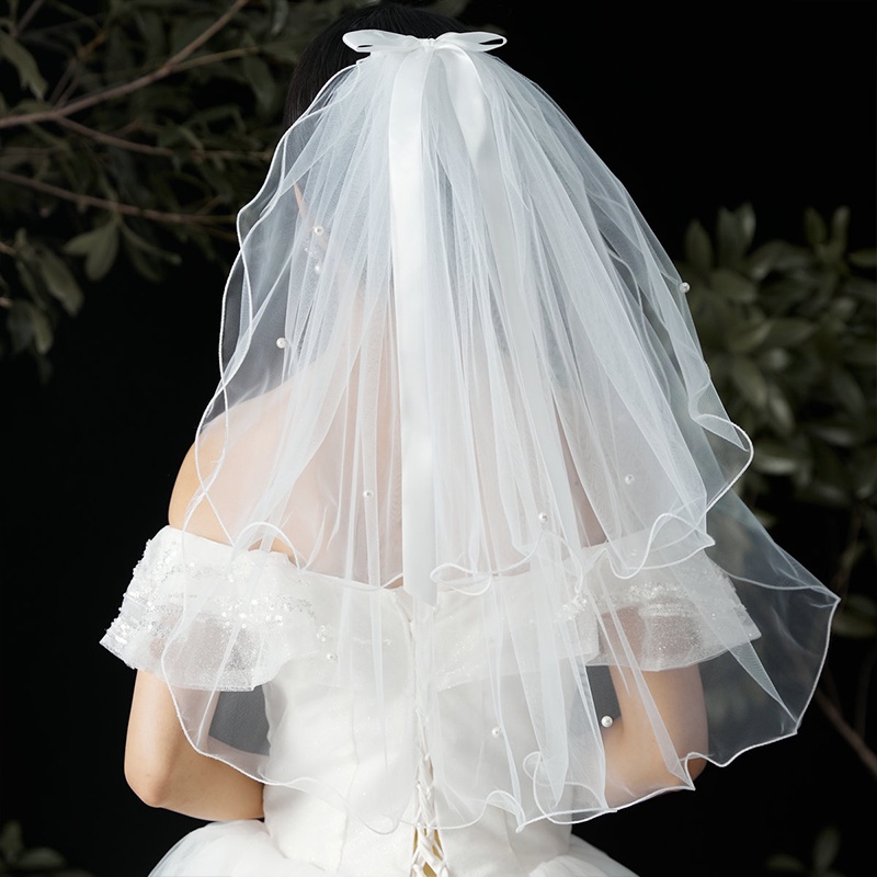 Mạng Che Mặt Đính Nơ Hai Lớp Cho Cô Dâu