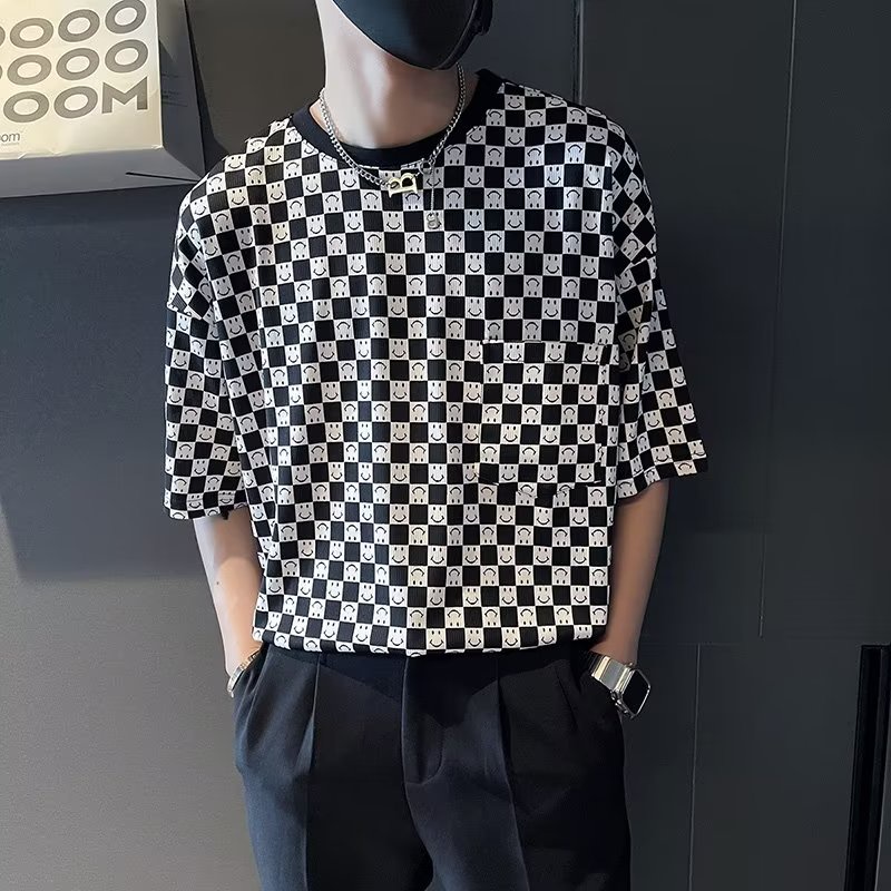 Áo Thun Hip Hop Tay Ngắn Cổ Tròn Họa Tiết Caro Trắng Đen Phong Cách Hàn Quốc Thời Trang Mùa Hè 2023 Cho Nam