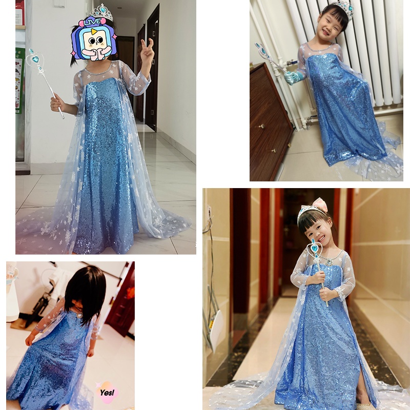 DISNEY Đầm Công Chúa Elsa Phối Lưới Đính Kim Sa Màu Xanh Dương Thời Trang Cho Bé Gái