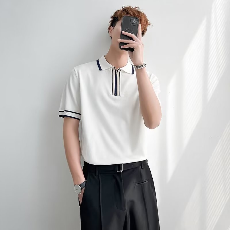 Mùa Hè Nửa Tay Đơn Giản Sọc Màu Khóa Áo Sơ Mi POLO Ice Silk Đan Áo Sơ Mi POLO Cổ Nửa Tay T-