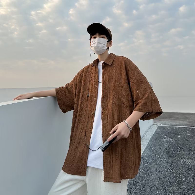 Áo Sơ Mi Tay Ngắn Cổ Vuông Màu Trơn Phong Cách Hàn Quốc Thời Trang Mùa Hè 2023 Cho Nam