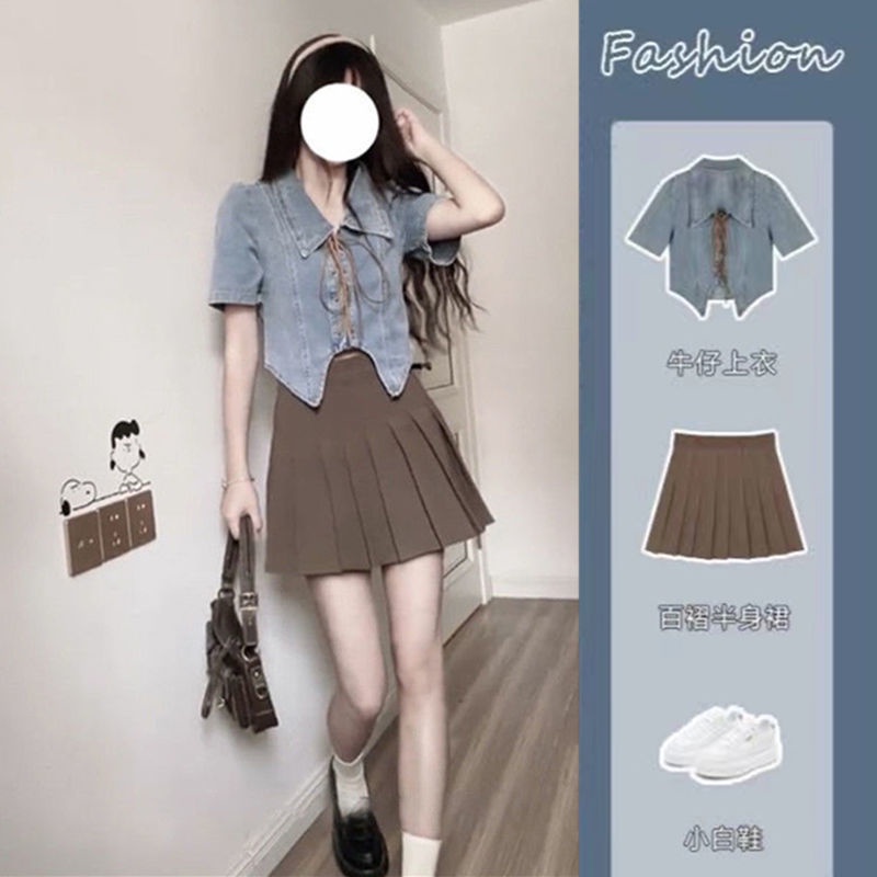 Y2k Áo Sơ Mi Denim Ngắn Thắt Dây Eo Cao Ôm Dáng Mùa Hè Màu Trơn Cổ Điển Cho Nữ