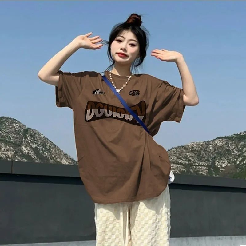 Áo Thun Cổ Tròn Dáng Rộng Màu Nâu Plus Size Thời Trang Mùa Hè Cho Nữ