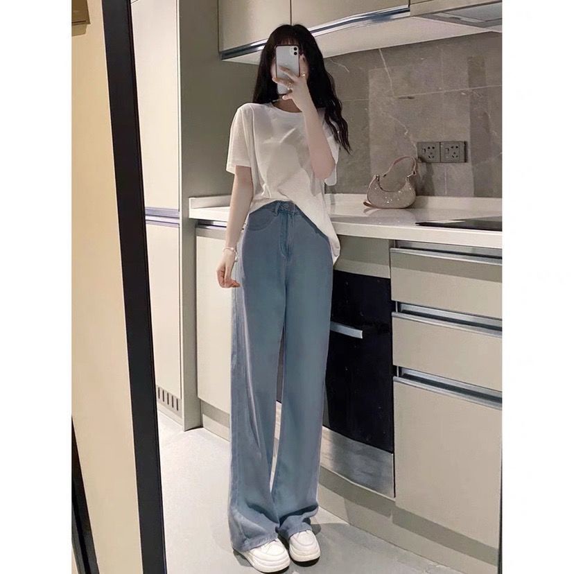Set Áo Thun Cotton + Quần Jeans Ống Rộng Thời Trang Mùa Hè Phong Cách Hàn Quốc