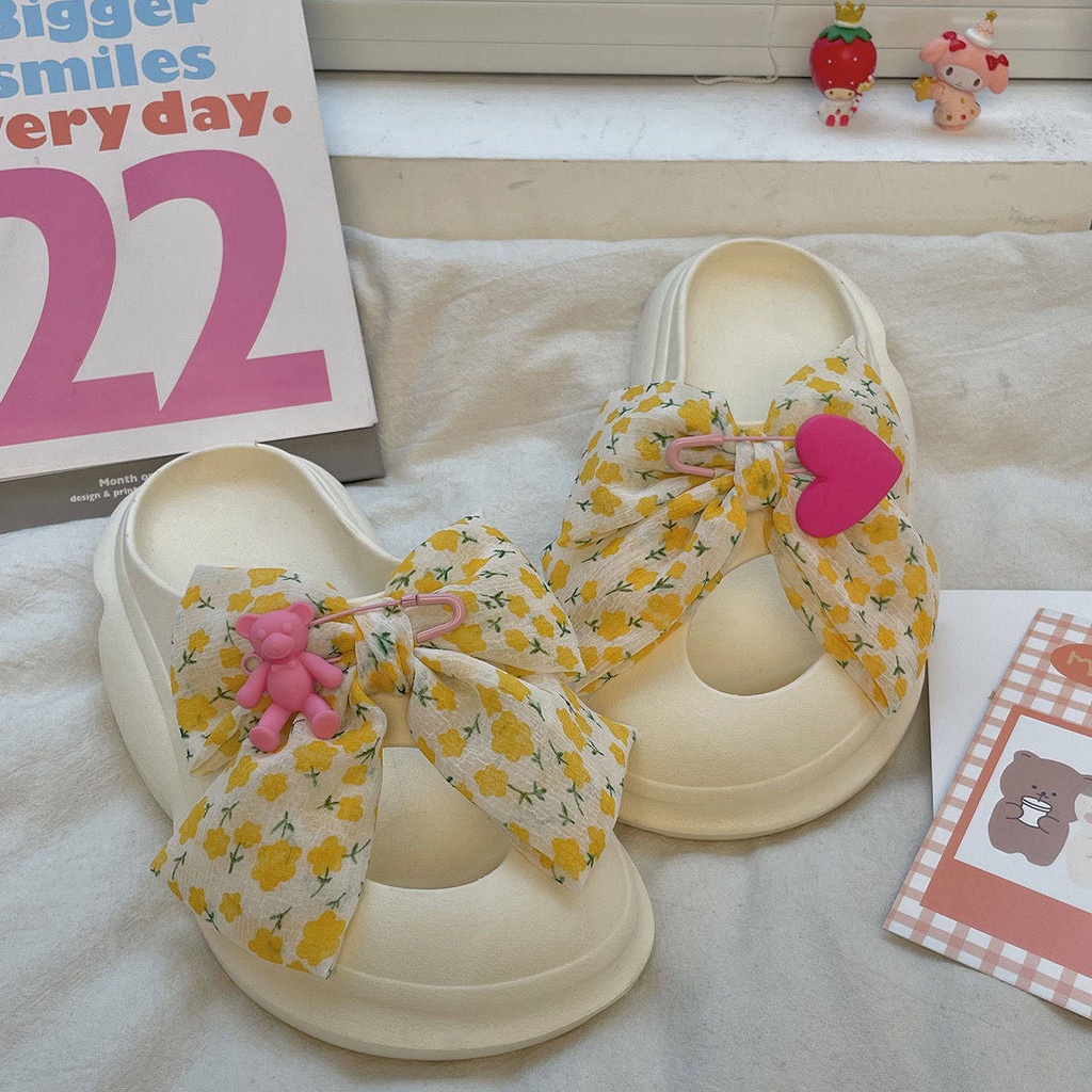 Dép bánh mì mùa hè dễ thương nơ mặc bên ngoài đế dày