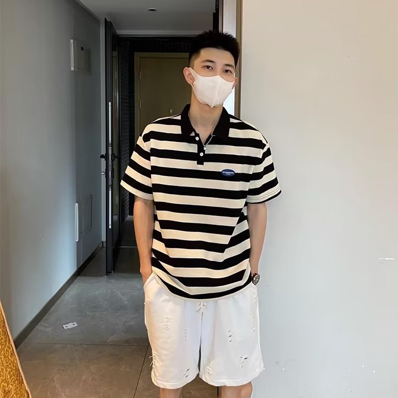 Áo Thun POLO Cotton Tay Ngắn Kẻ Sọc Ngang Đính Hạt Cườm Thời Trang Mùa Hè Hàng Mới 2023 Dành Cho Bạn Nam