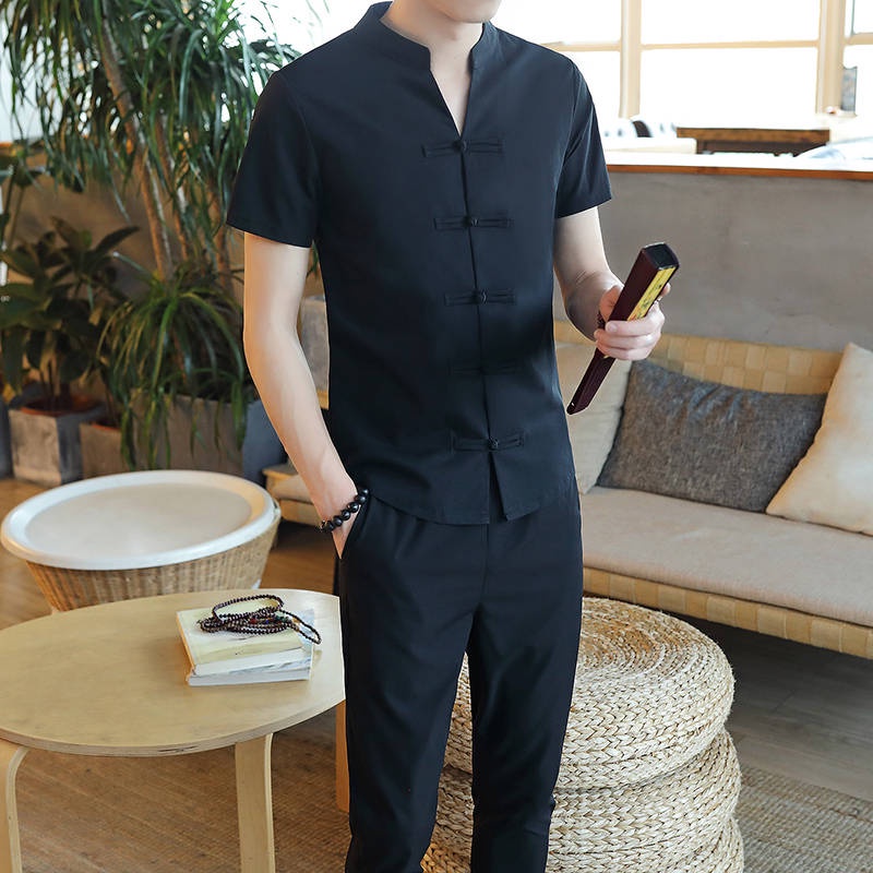 Set Áo Thun Ngắn Tay + Quần Dài Phong Cách Trung Hoa Thời Trang Mùa Hè Mới Cho Nam