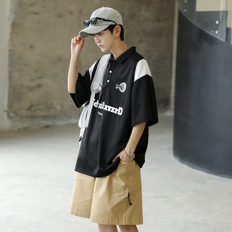 Áo Thun POLO Ngắn Tay Dáng Rộng Nhanh Khô In Chữ Phong Cách Đường Phố Mỹ