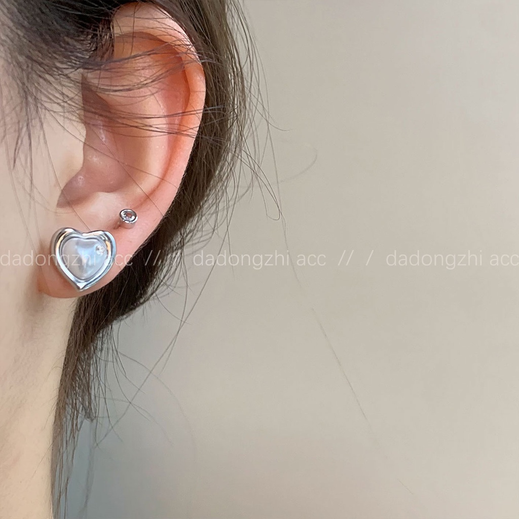 Khuyên Tai Hình Trái Tim Đính Đá Zircon Ngọc Trai Đơn Giản Phong Cách Hàn Quốc