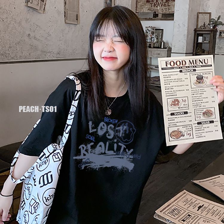 Áo Thun Dáng Rộng Cổ Tròn In Chữ Kiểu Hàn Quốc Thời Trang Mùa Hè Cho Nữ