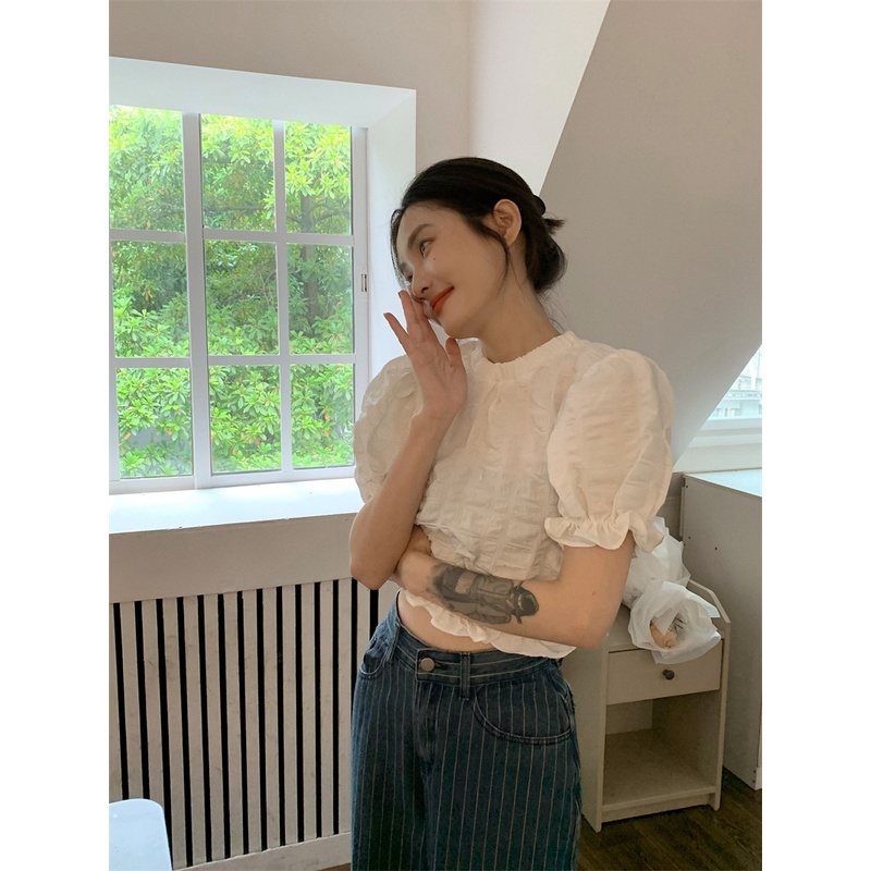 NUZIRO Áo Kiểu Tay Phồng Ngắn Xếp Ly Thời Trang Trẻ Trung