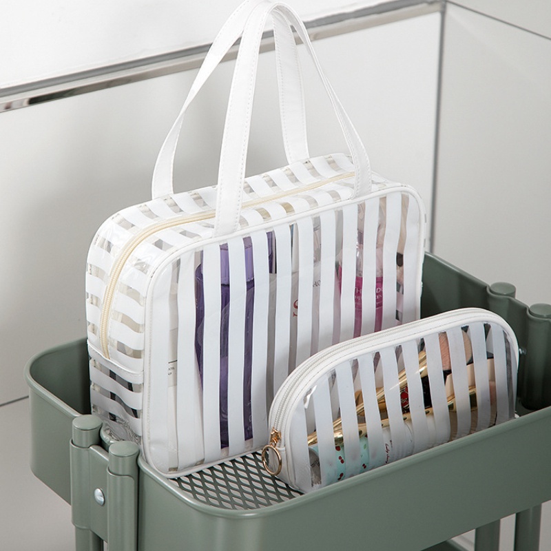 Túi Đựng Mỹ Phẩm Du Lịch Bằng PVC Trong Suốt Kẻ Sọc Chống Thấm Nước Đa Năng