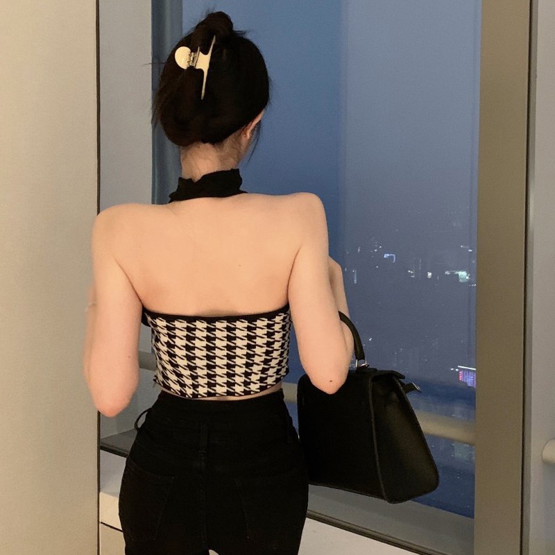 Áo Croptop Dệt Kim Hai Dây Phối Lưới Phong Cách Retro Hàn Quốc Quyến Rũ