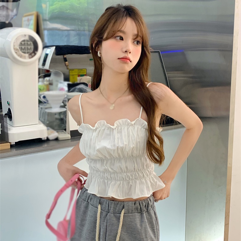 Áo Hai Dây Mỏng Co Giãn Xếp Ly Màu Trơn Thời Trang Mùa Hè Hàn Quốc Felicelife