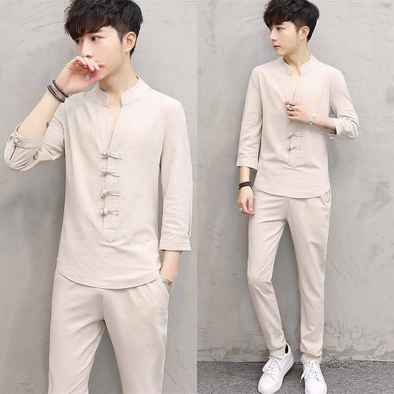 Set Áo Thun Ngắn Tay + Quần Dài Phong Cách Trung Hoa Thời Trang Mùa Hè Mới Cho Nam