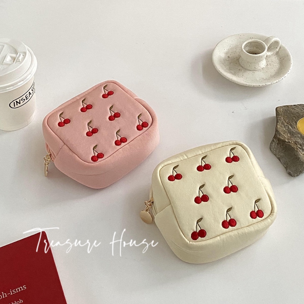 Túi Đựng Mỹ Phẩm Đa Năng Nhỏ Gọn Mềm Mại Thêu Họa Tiết Cherry Xinh Xắn Ví