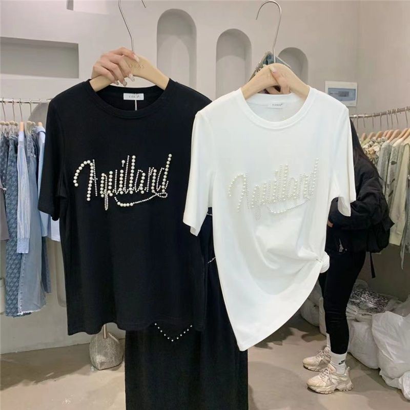 Áo Thun Cotton Tay Ngắn Cổ Tròn Màu Trơn Đính Hạt Ngọc Trai Thời Trang Thu Hè Hàn Quốc 2022