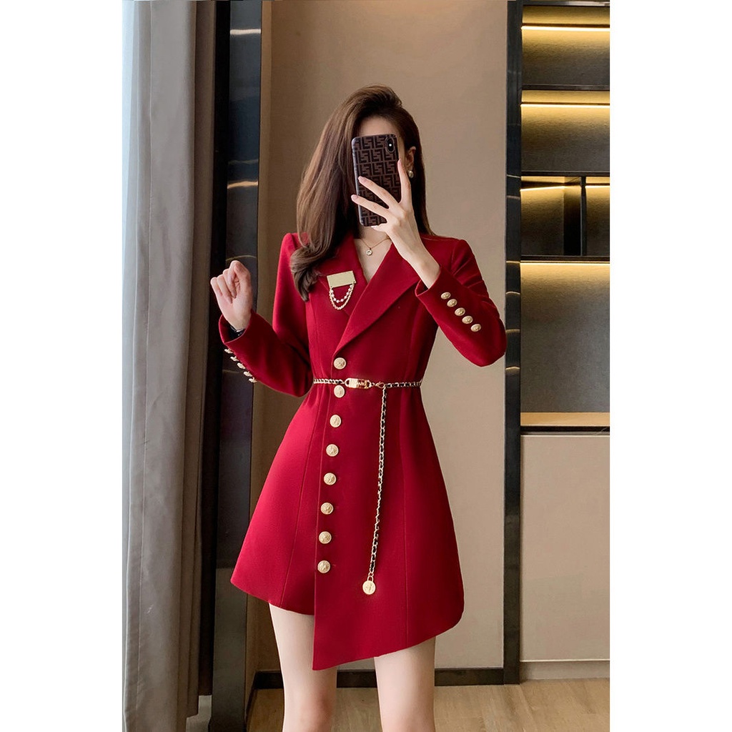 Áo Khoác Blazer Tay Dài Màu Đỏ Phong Cách Pháp Thời Trang Mùa Thu Mới 2023 Cho Nữ