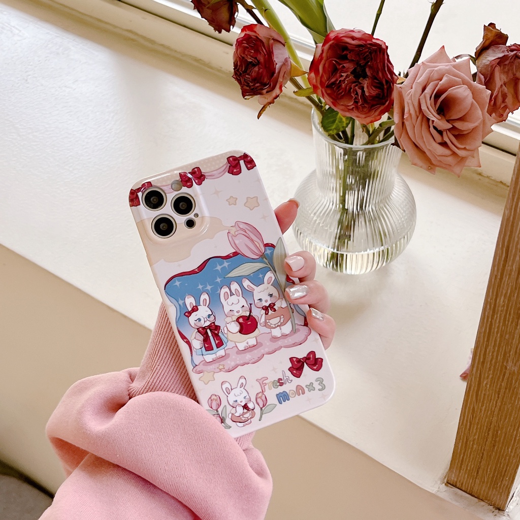 Ốp Điện Thoại Cứng Chống Sốc Hình Hoa Tulip Và Thỏ Dễ Thương Cho iPhone 14 / 13 / 12 / 11 / X / 8 / 7P