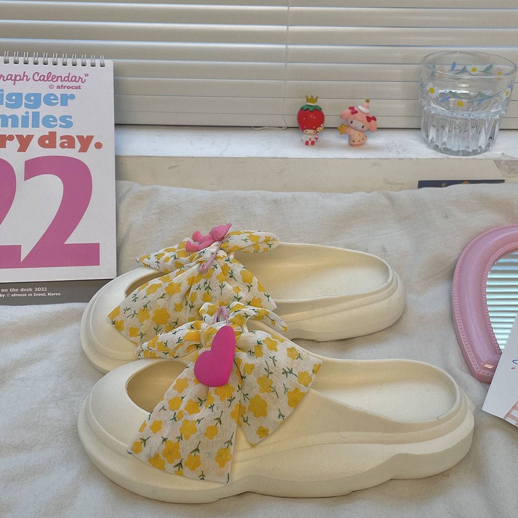 Dép bánh mì mùa hè dễ thương nơ mặc bên ngoài đế dày