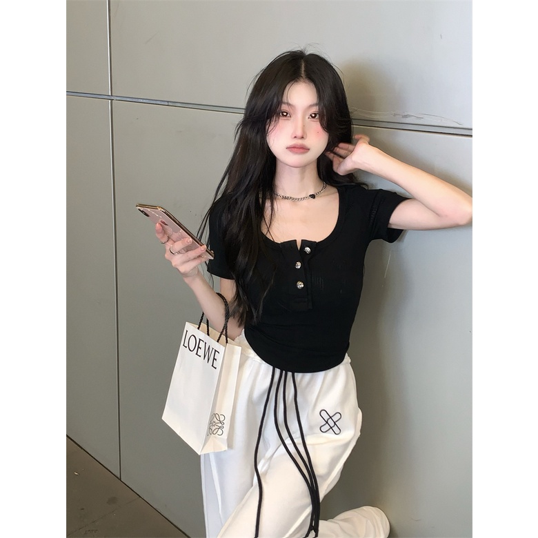 Áo Thun Ngắn Tay + Quần Dài Lưng Cao Thêu Chữ Thời Trang Nữ