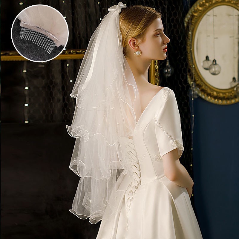 Mạng Che Mặt Đính Nơ Hai Lớp Cho Cô Dâu