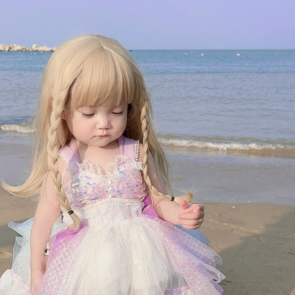 Bộ Tóc Giả Dài Thẳng Tự Nhiên Màu Vàng Kim Phong Cách Keli Cho Bé Gái