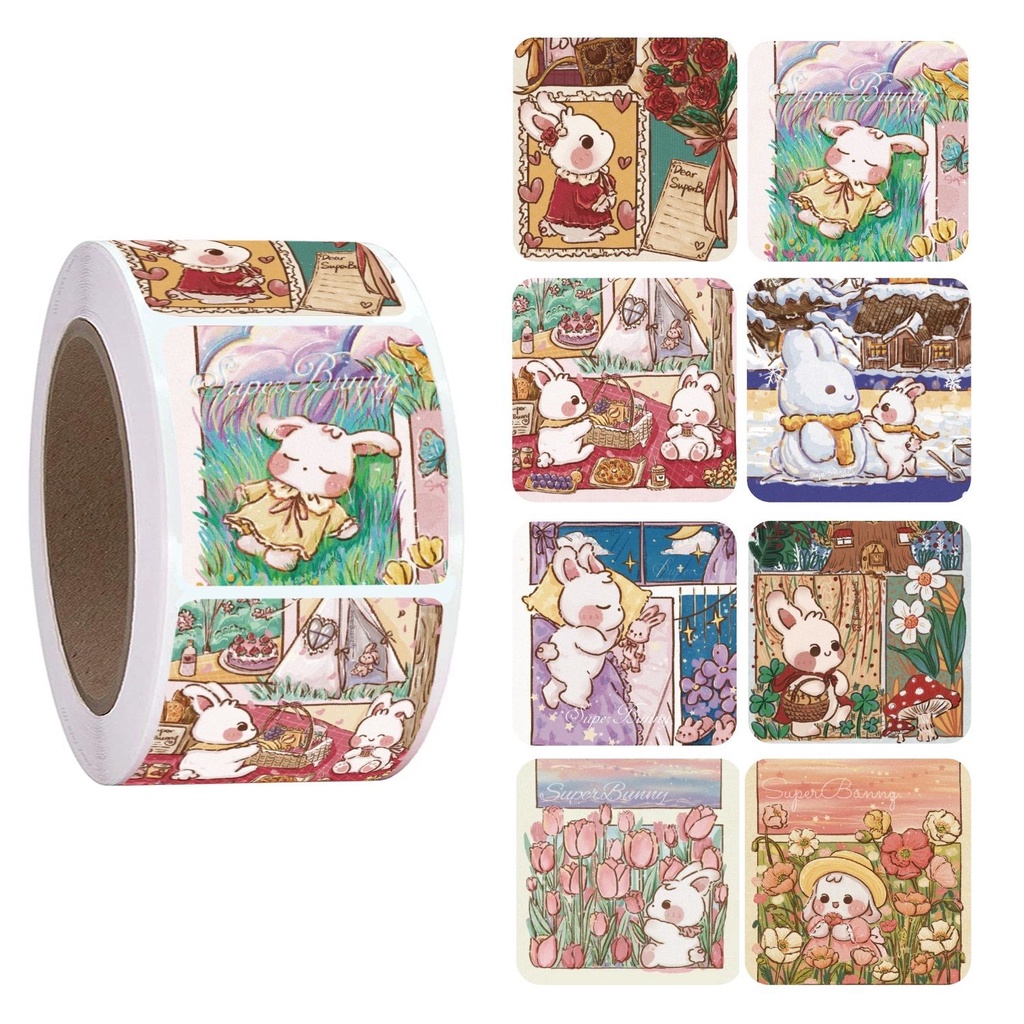 1 Cuộn / 500 Sticker Thỏ Hoạt Hình Dán Trang Trí Nhật Ký