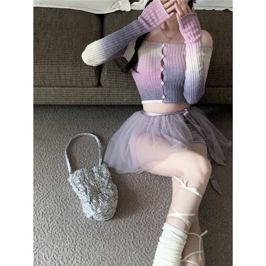 Cocory vn Bộ Áo Croptop Dệt Kim Dài Tay + Chân Váy Chữ A Lưng Cao Ôm Dáng Gợi Cảm Thời Trang Cho Nữ