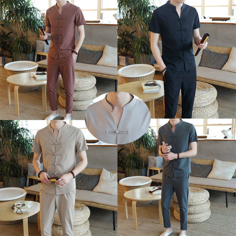 Set Áo Thun Ngắn Tay + Quần Dài Phong Cách Trung Hoa Thời Trang Mùa Hè Mới Cho Nam