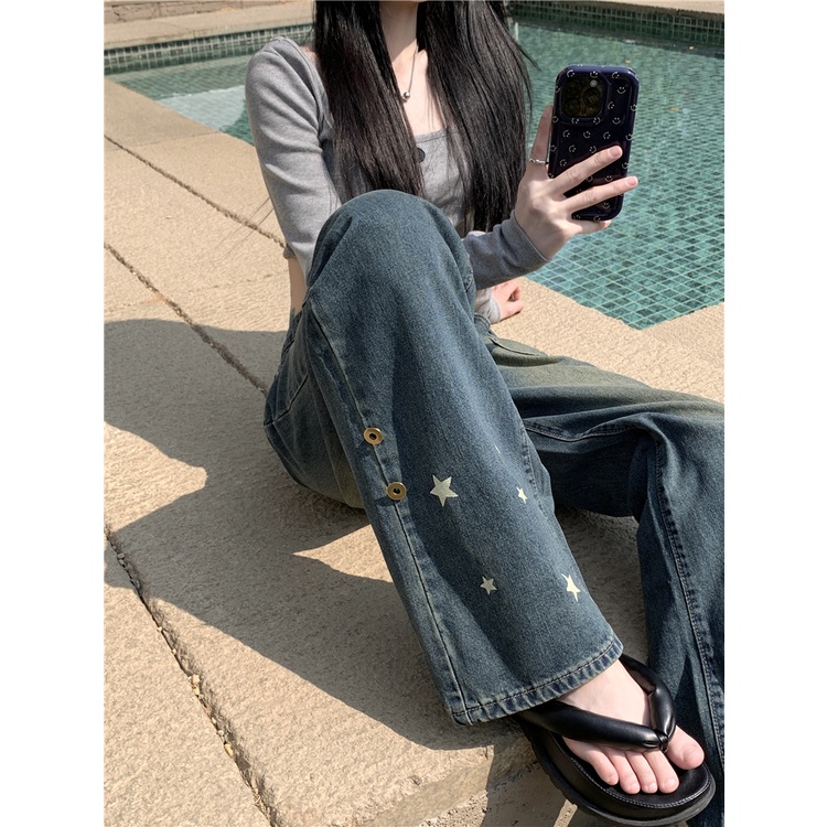 QKOOLE  Quần Denim Ống Rộng Lưng Cao Thời Trang Mùa Hè Cho Nữ