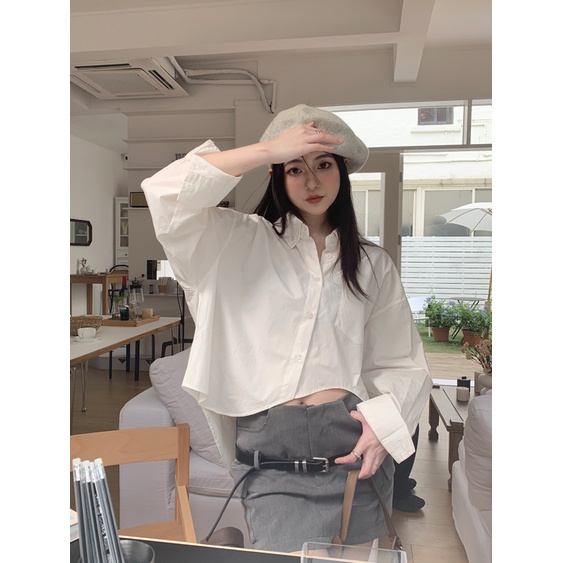 QKOOLE Áo sơ mi nữ  dài tay cổ bẻ dáng rộng thời trang Hàn Quốc