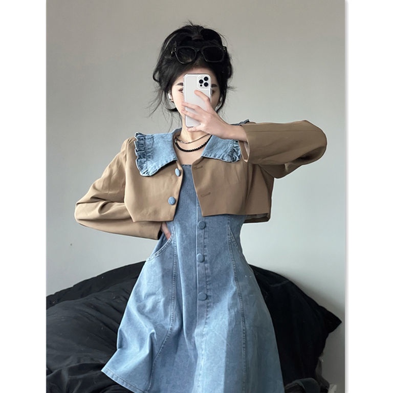 Set Áo Khoác Jeans Dài Tay Kèm Đầm Yếm Phong Cách Hàn Quốc Dành Cho Nữ