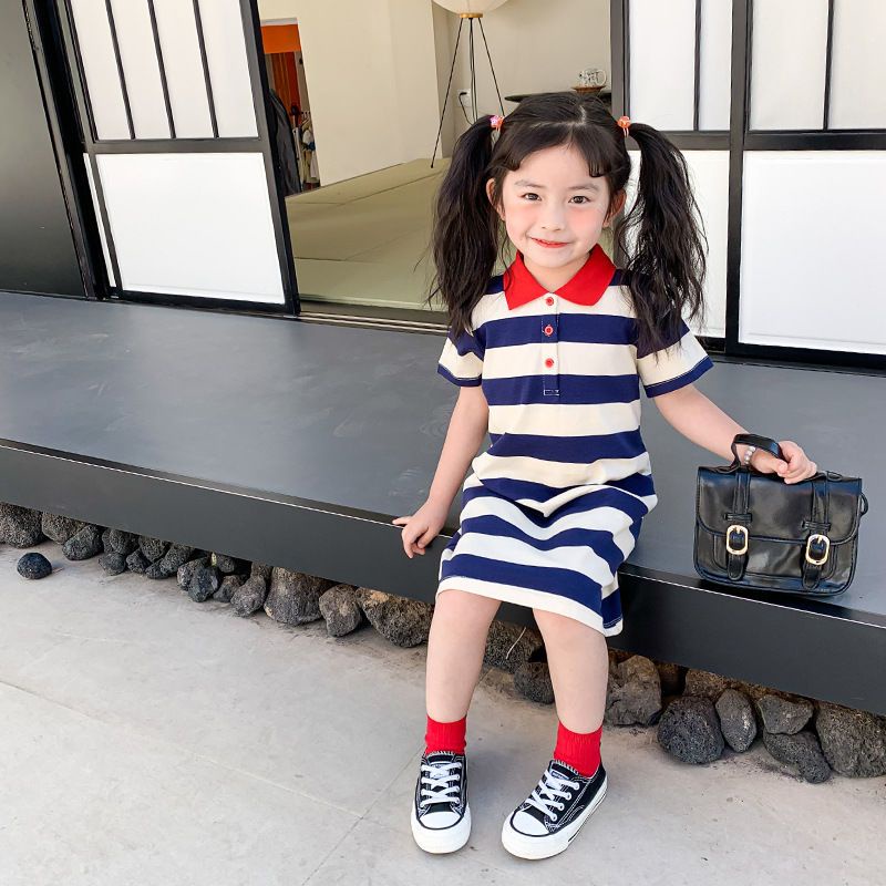 Đầm Thun Polo Tay Ngắn In Họa Tiết Sọc Ngang Bằng Vải Cotton Thời Trang Mùa Hè 2023 Dành Cho Bé Gái