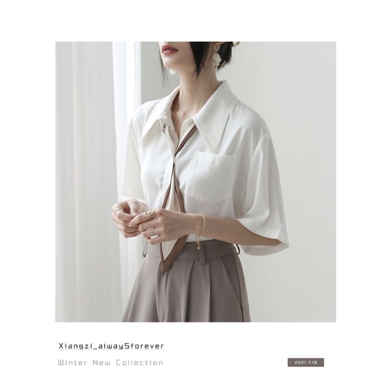 Áo Sơ Mi Chiffon Tay Ngắn Màu Trắng Cà Vạt Thời Trang Mùa Hè 2022 Mới