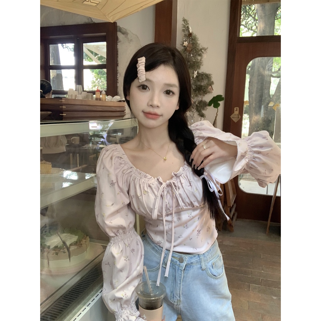 Jiashucheng Áo Sơ Mi Ngắn Tay Dài Thắt Dây Nhấn Eo Mỏng Mùa Xuân Họa Tiết Hoa Phong Cách Pháp Độc Đáo Cho Nữ