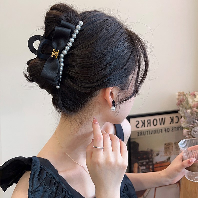 Kẹp Tóc Hình Nơ Đính Ngọc Trai Đen Phong Cách Hàn Quốc Chất Lượng Cao