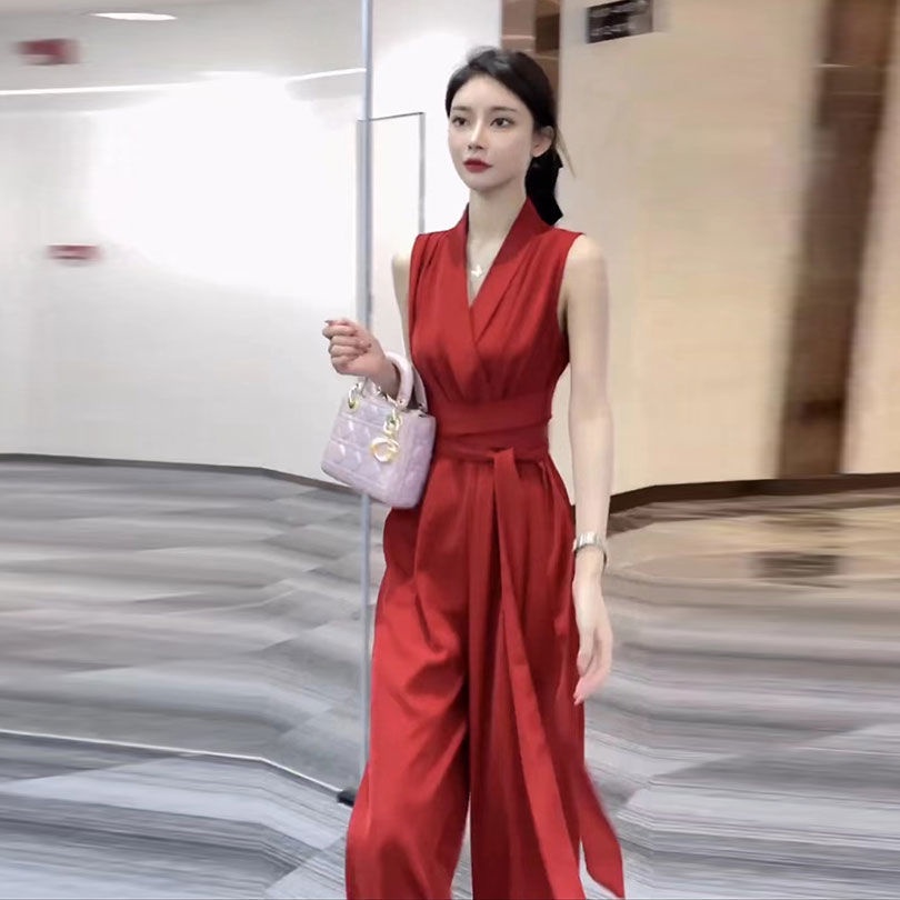 Bộ Áo Liền Quần Lưng Cao Dáng Ôm Màu Đỏ Phong Cách Hàn Quốc Cổ Điển Thời Trang Cho Nữ