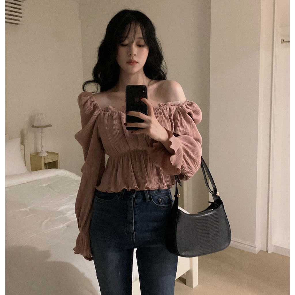 SUXI Áo Sơ Mi Tay Dài Phồng Trễ Vai Màu Trơn Phong Cách Hàn Quốc