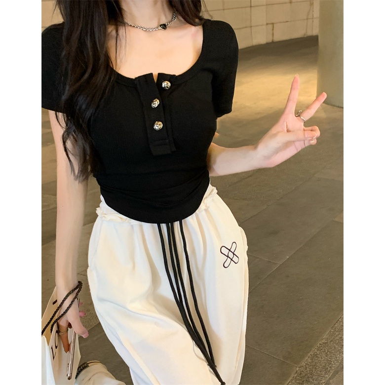 Áo Thun Ngắn Tay + Quần Dài Lưng Cao Thêu Chữ Thời Trang Nữ