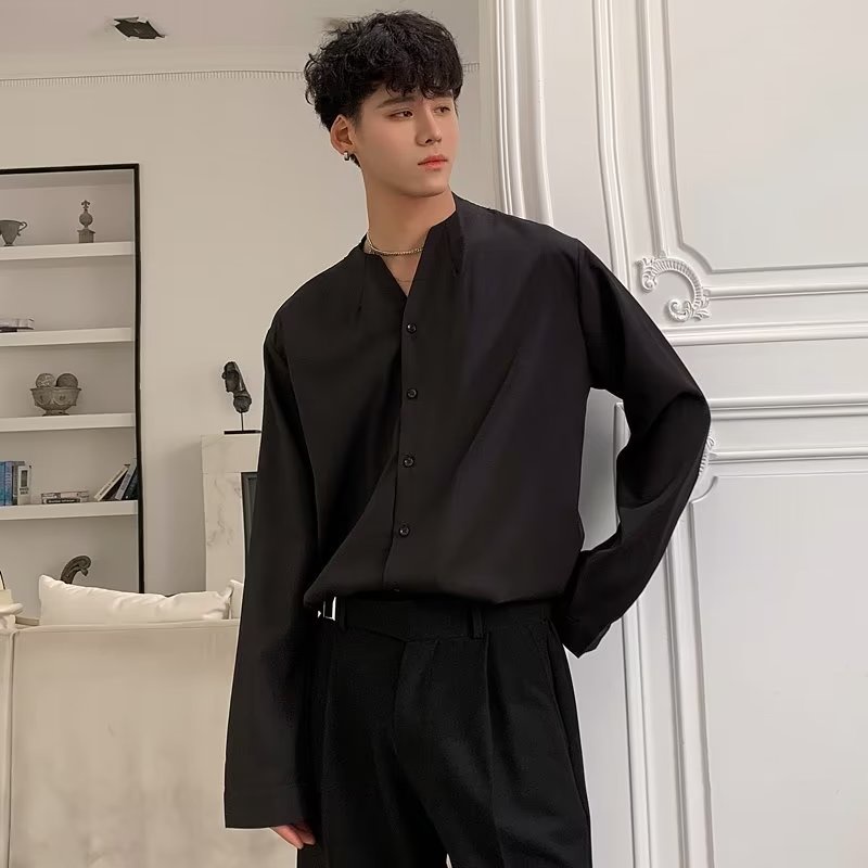 Áo Sơ Mi Tay Dài Dáng Rộng Cổ Chữ V Màu Sắc Đơn Giản Thời Trang Xuân Hè Cho Nam